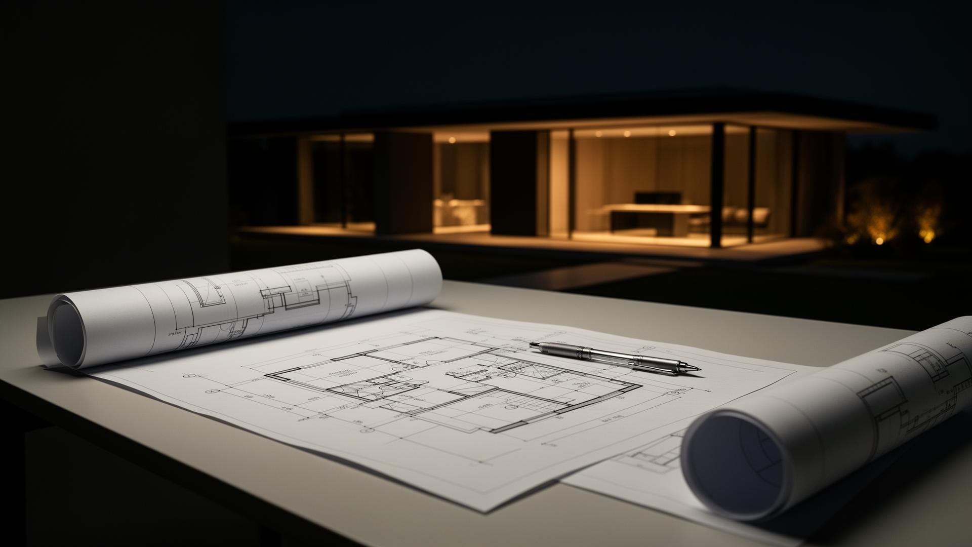 Architectural drafting workspace with blueprints and a modern home